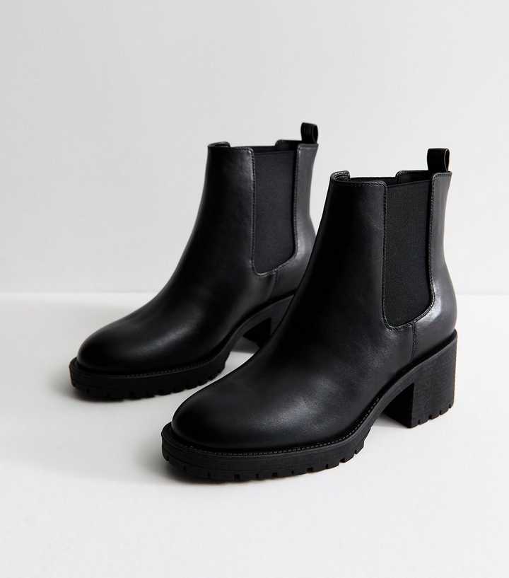 Black Faux Leather Block Heel Chelsea Ankle Boots