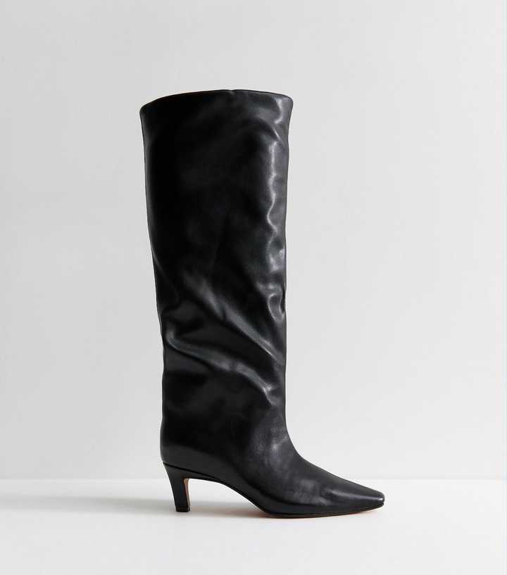 Black Faux Leather Slouchy Pointed Toe Knee High Boots