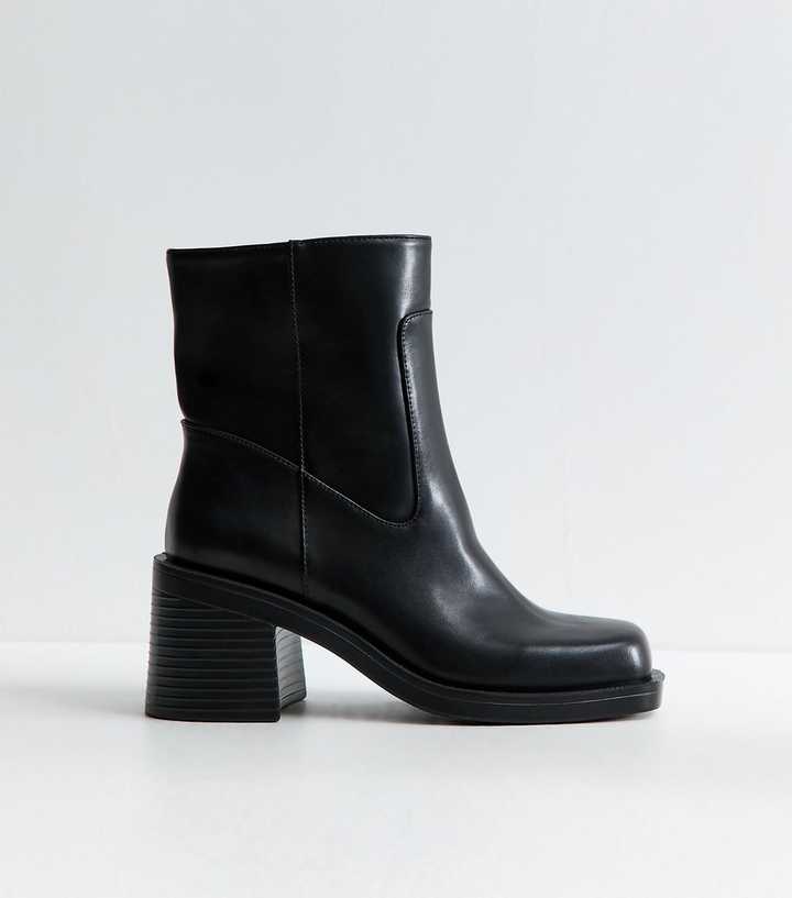 Black Faux Leather Square Toe Boots
