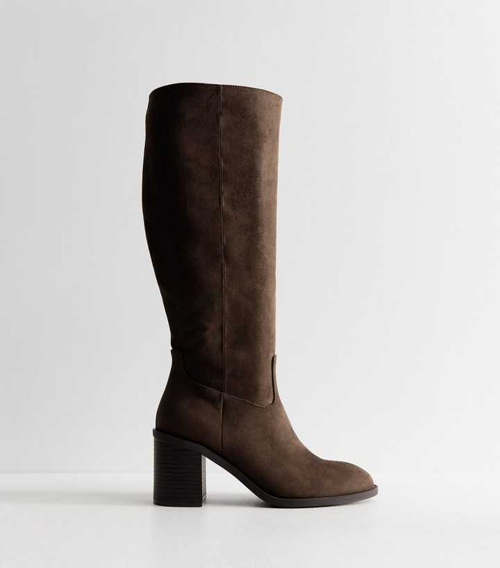 Extra Calf Fit Dark Brown Faux Suede Block Heel Knee High Boots