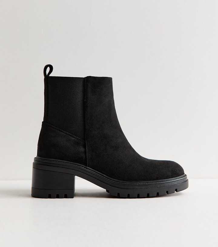 Wide Fit Black Faux Suede Chunky Sole Ankle Boots