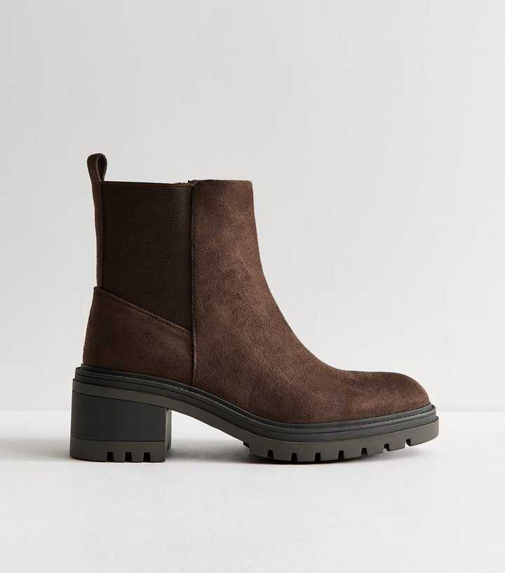 Wide Fit Dark Brown Faux Suede Chunky Sole Ankle Boots