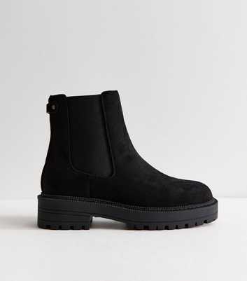 Black Faux Suede Chunky Sole Chelsea Ankle Boots