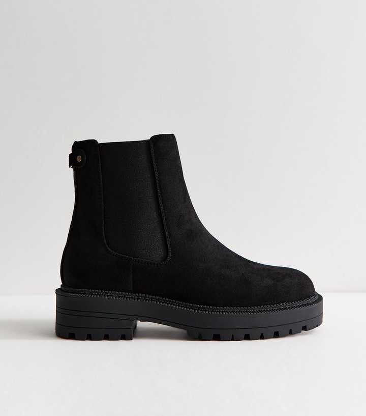 Black Faux Suede Chunky Sole Chelsea Ankle Boots