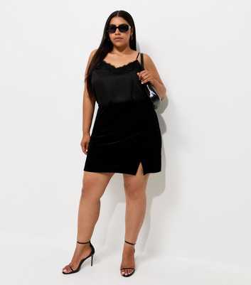 Curves Black Jersey Velvet Split Detail Mini Skirt