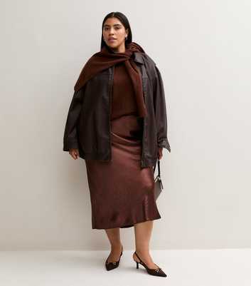 Curves Dark Brown Satin Crinkle Textured Pencil Midi Skirt