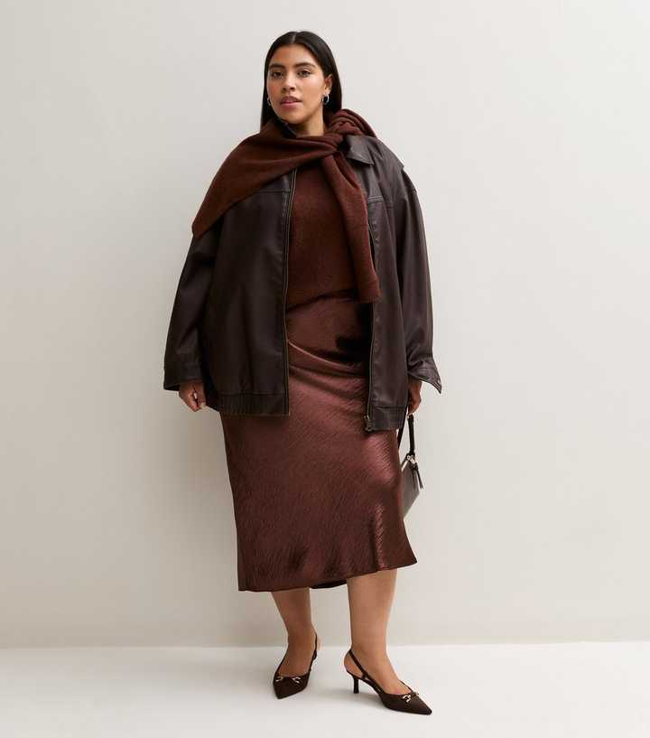 Curves Dark Brown Satin Crinkle Textured Pencil Midi Skirt