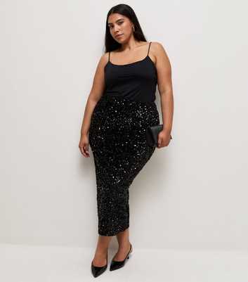 Curves Black Velvet Sequin Midi Pencil Skirt