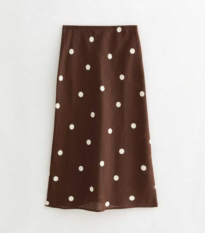 Petite Brown Satin Spot Print Bias Cut Midi Skirt