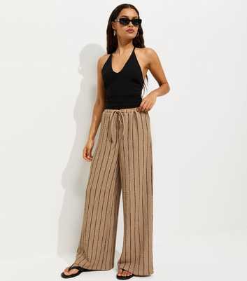 Petite Brown Crinkle Texture Striped Wide Leg Trousers