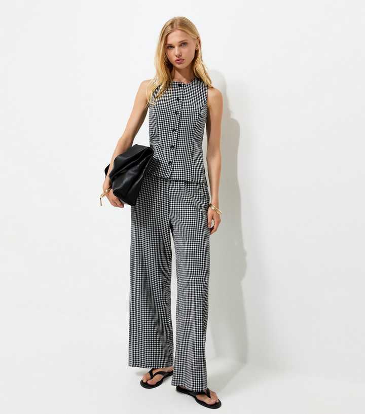 Black Gingham Print Wide Leg Drawstring Trousers