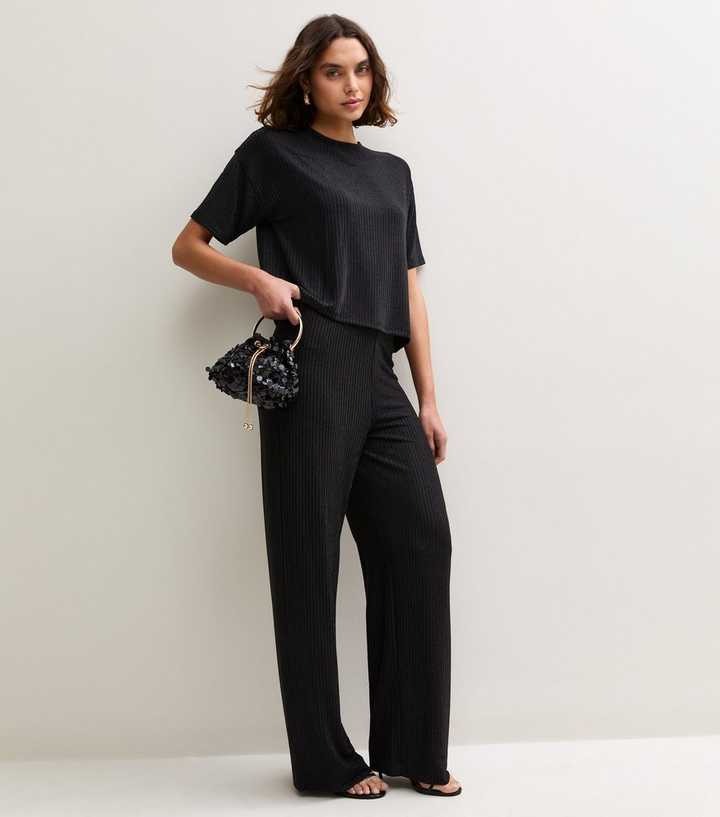 Tall Black Metallic Stripe Wide Leg Trousers
