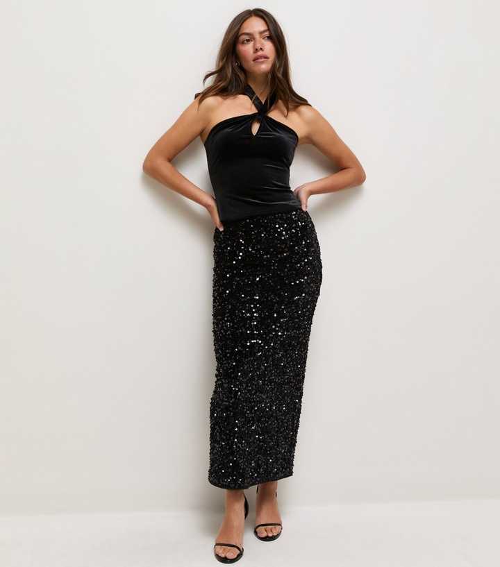 Petite Black Velvet Sequin Midi Pencil Skirt