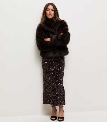 Petite Dark Brown Velvet Sequin Midi Pencil Skirt