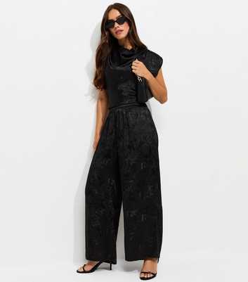 Petite Black Satin Jacquard Wide Leg Trousers