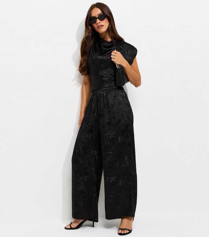Petite Black Satin Jacquard Wide Leg Trousers