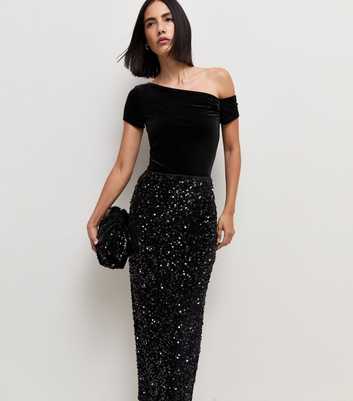 Black Sequin Pencil Midi Skirt