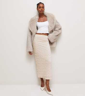 Cream Sequin Pencil Midi Skirt