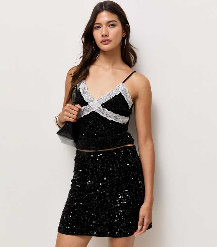 Black Sequin Velvet Mini Skirt