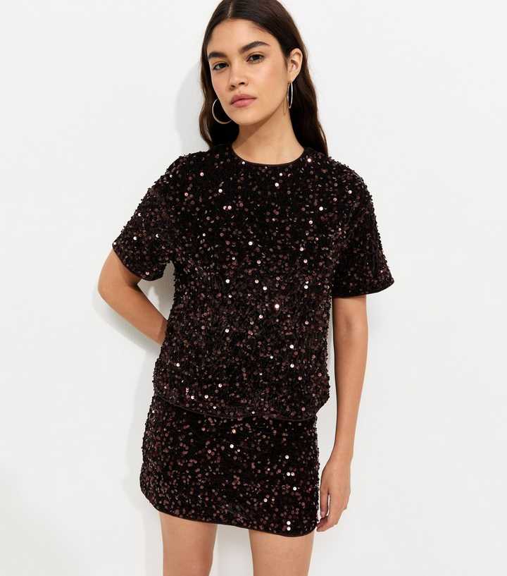 Dark Brown Sequin Velvet Mini Skirt