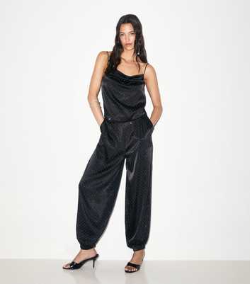 Black Shiny Gem Embellished Cuffed Trousers