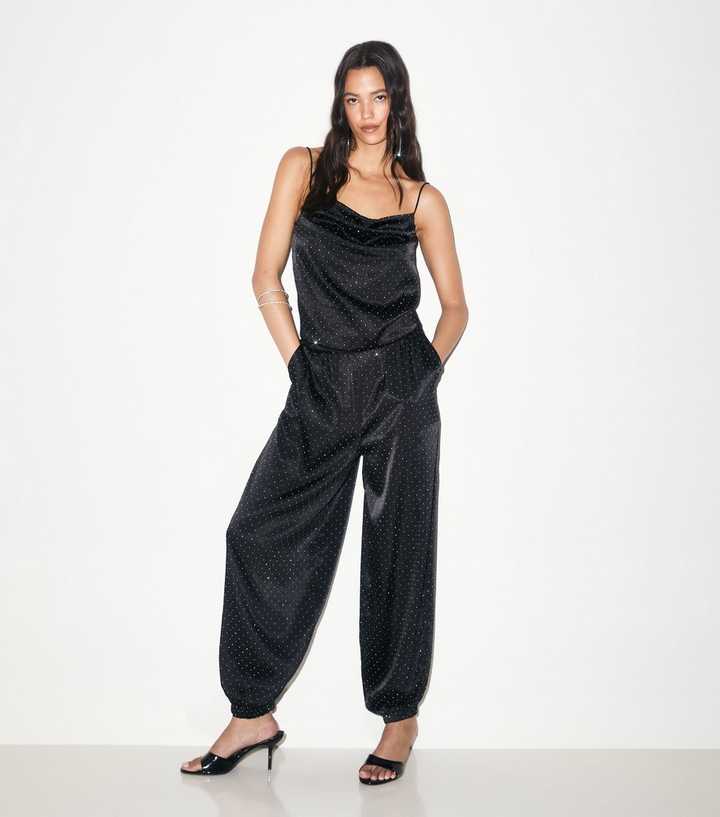 Black Shiny Gem Embellished Cuffed Trousers