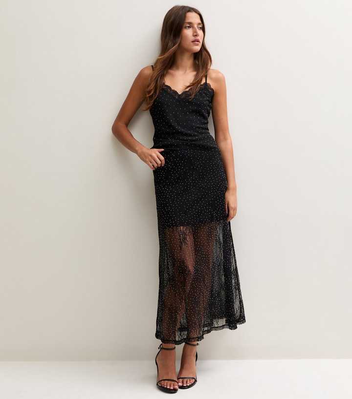 Black Floral Lace Gem Embellished Maxi Skirt