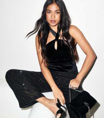 Petite Black Sequin Wide Leg Trousers