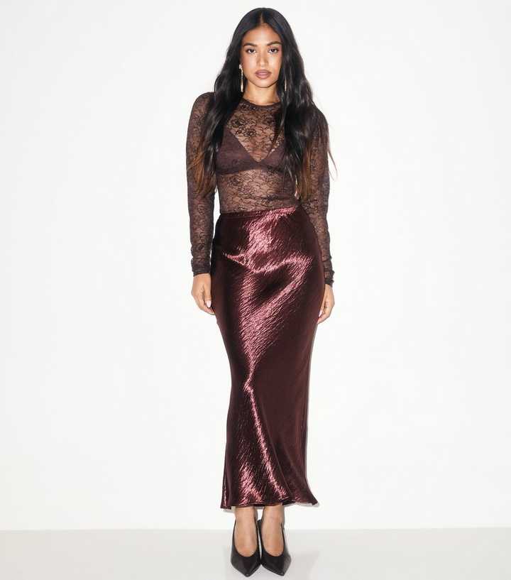 Petite Dark Brown Textured Satin Midi Skirt