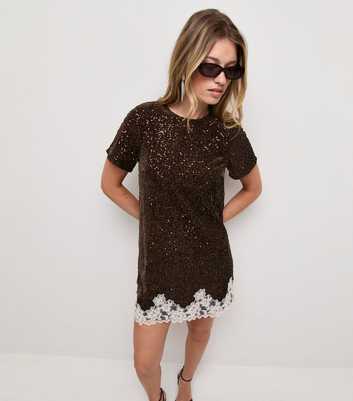Dark Brown Velvet Sequin Lace Trim T-Shirt Dress