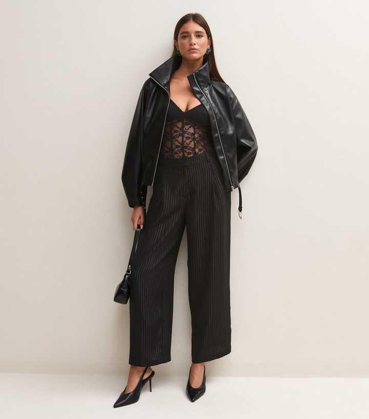 Black Pinstripe Inverted Pleat Wide Leg Tailored Trousers
