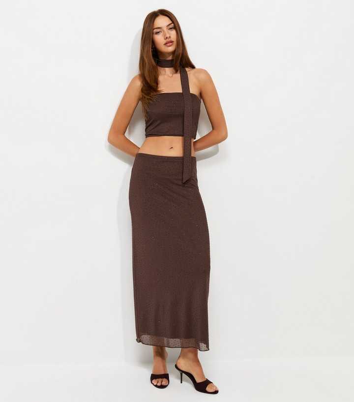 Dark Brown Gem Embellished Mesh Midi Skirt