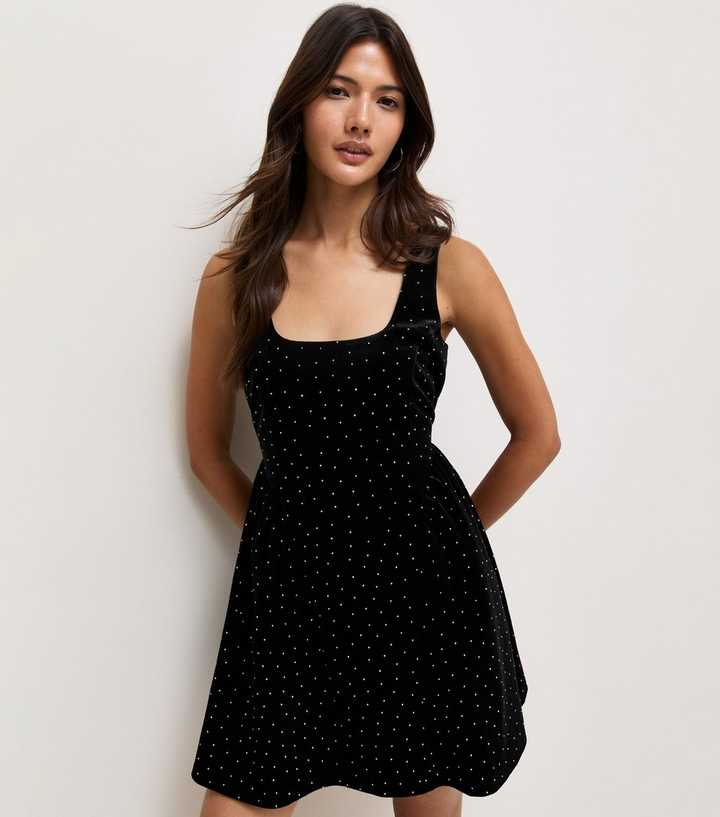 Black Velvet Diamanté Square Neck Mini Dress