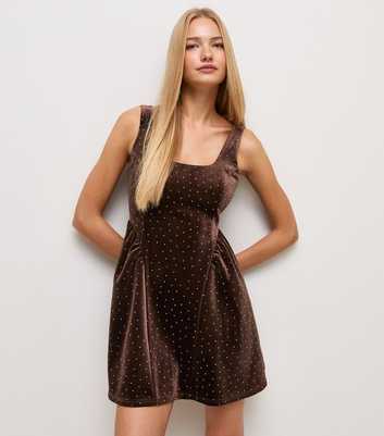 Dark Brown Velvet Diamanté Square Neck Mini Dress