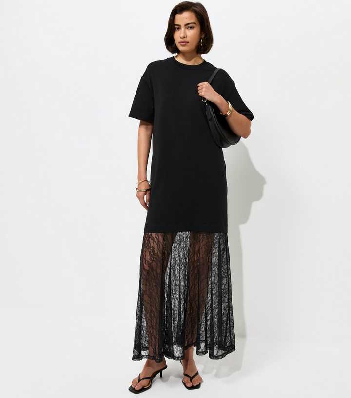 Black Lace Hem T-Shirt Midi Dress