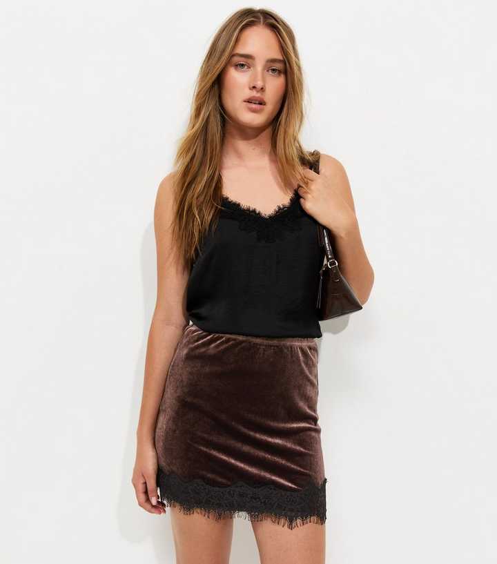 Dark Brown Jersey Velvet Lace Trim Mini Skirt