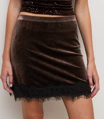 Dark Brown Jersey Velvet Lace Trim Mini Skirt