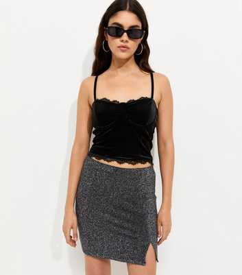 Silver Glitter Hem Split Mini Skirt