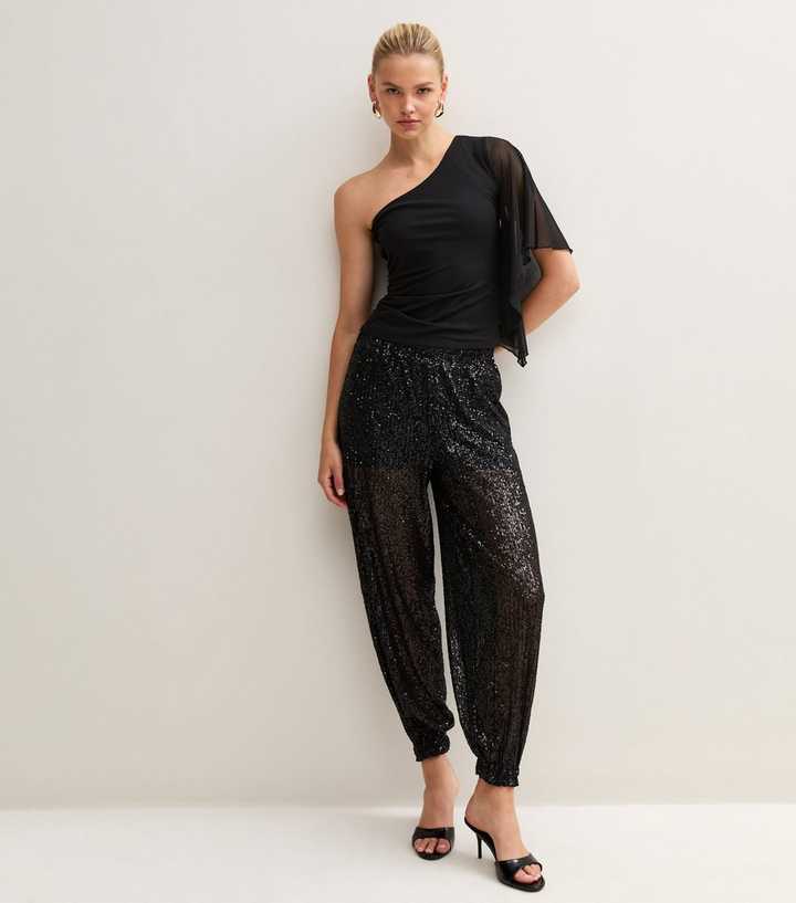 Black Sequin Embellished Cuffed Trousers