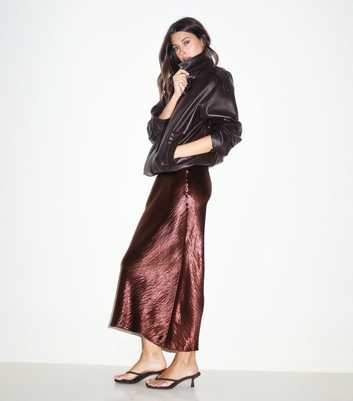 Dark Brown Satin Crinkle Texture Midi Skirt