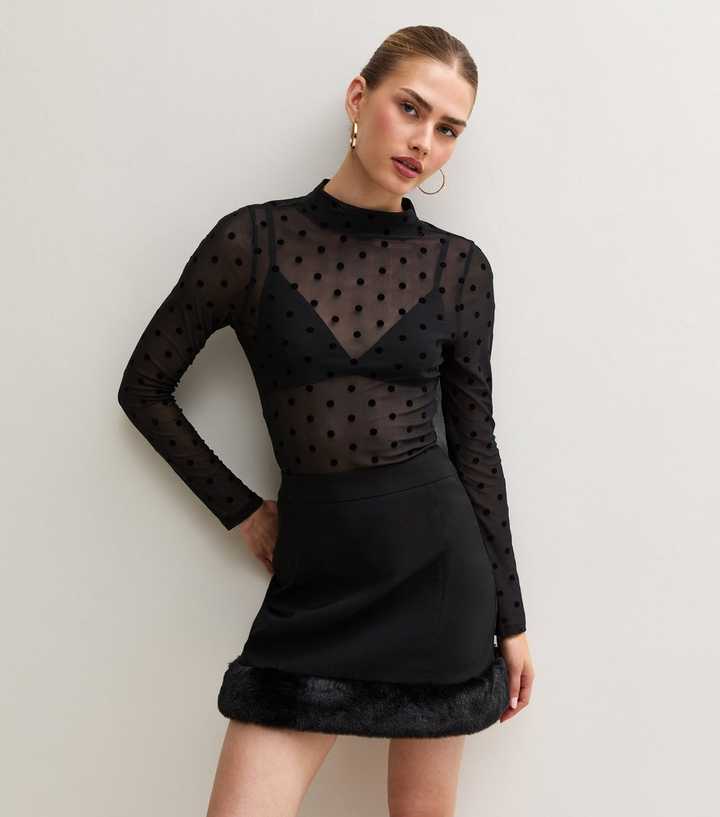 Black Faux Fur Trim Mini Skirt