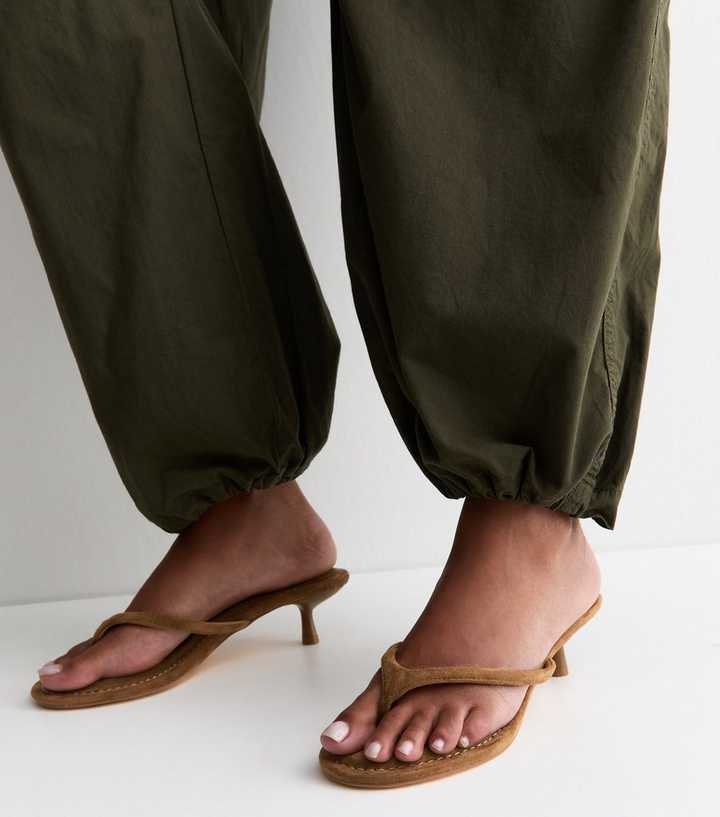 Tan Faux Suede Toe Post Kitten Heel Mules