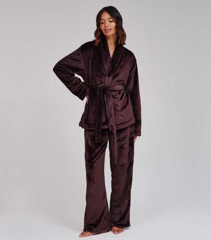 Loungeable Dark Brown Fleece Wrap Kimono Lounge Set