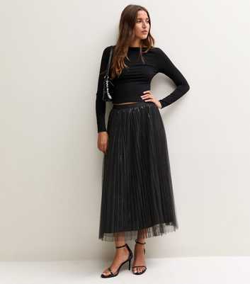 Black Sequin Tulle Midi Skirt