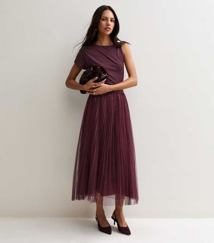 Burgundy Sequin Tulle Midi Skirt