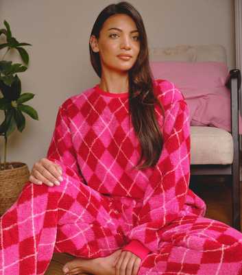 Loungeable Pink Argyle Check Borg Fleece Jumper