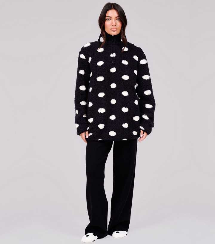 Loungeable Black Polka Dot Borg Fleece Quarter Zip Jumper
