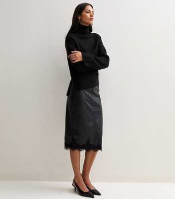 Black Faux Leather Lace Trim Pencil Midi Skirt