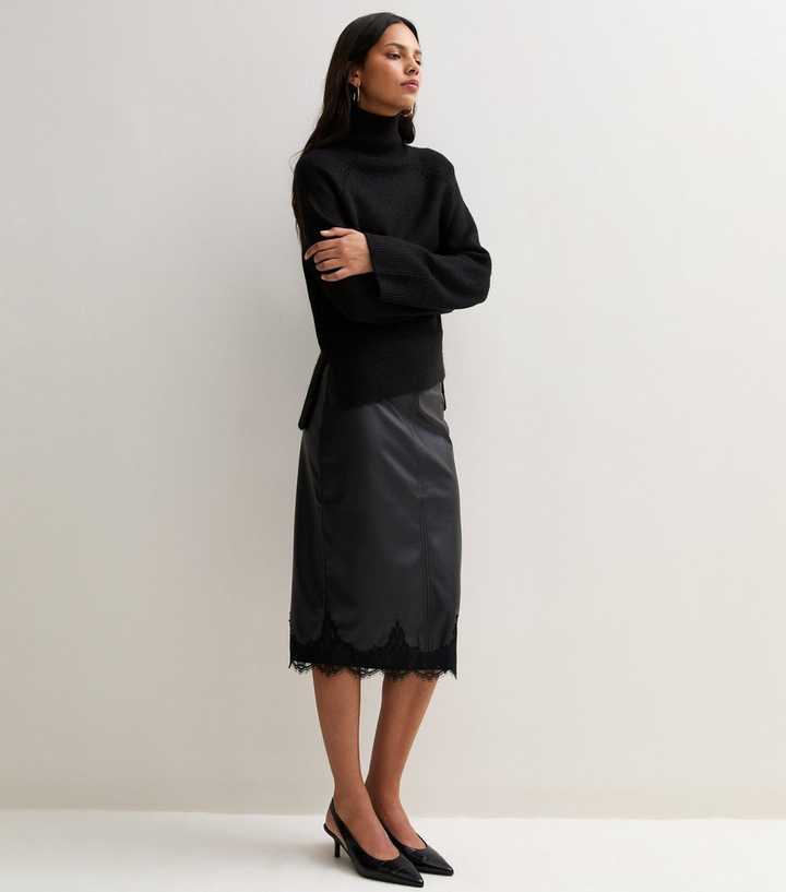 Black Faux Leather Lace Trim Pencil Midi Skirt