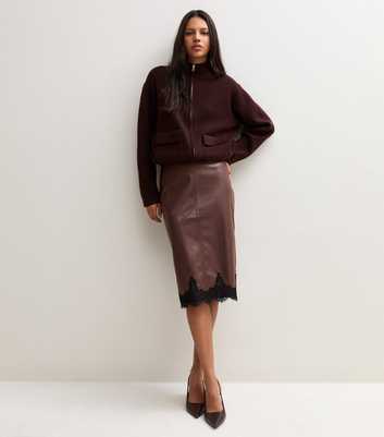 Dark Brown Faux Leather Lace Trim Pencil Midi Skirt